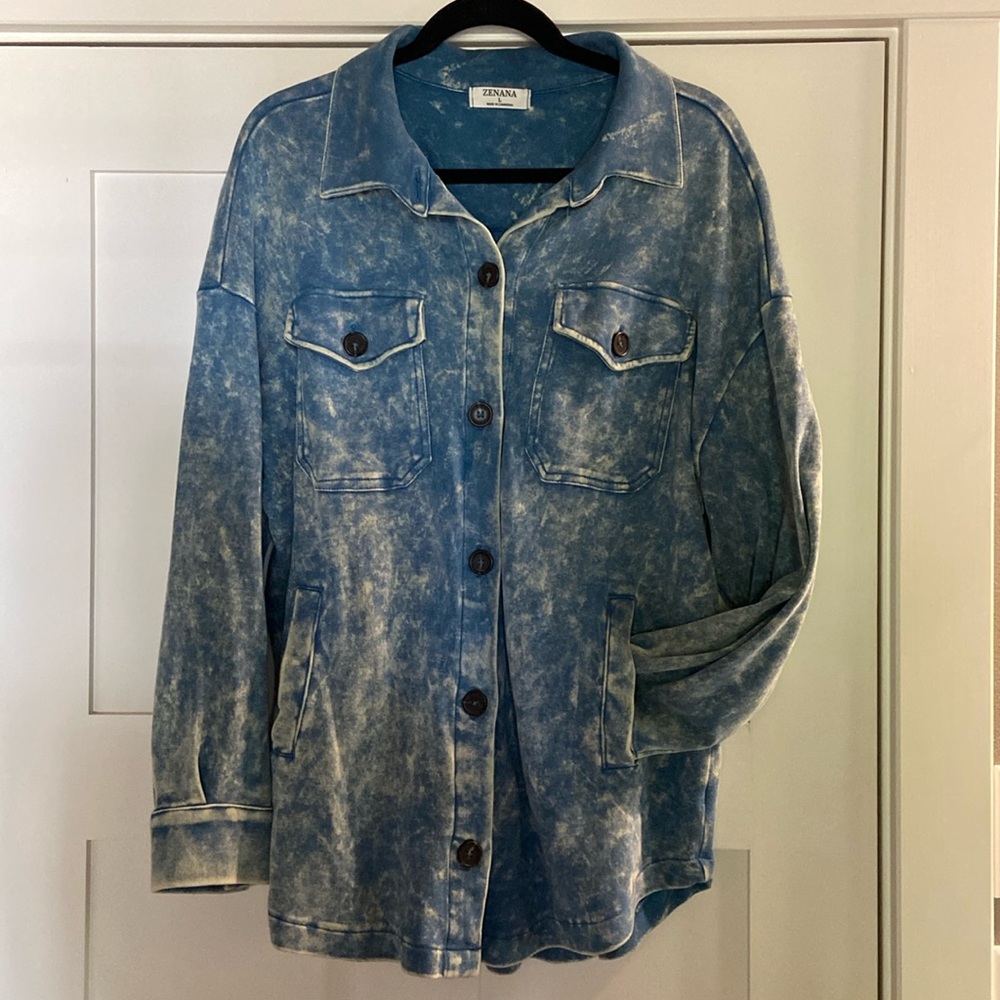 Acid washed Zenana cornflower blue large shirt jacket